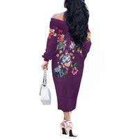 Hawaiian Turtles and Tropical Plants Off The Shoulder Long Sleeve Dress Purple Watercolor LT03 - Polynesian Pride