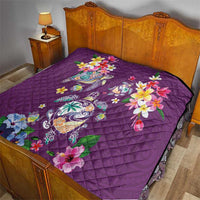 Hawaiian Turtles and Tropical Plants Quilt Purple Watercolor