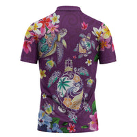 Hawaiian Turtles and Tropical Plants Zipper Polo Shirt Purple Watercolor LT03 - Polynesian Pride