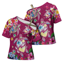 Hawaiian Turtles and Tropical Plants Cross Shoulder Shirt Pink Watercolor LT03 - Polynesian Pride