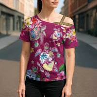 Hawaiian Turtles and Tropical Plants Cross Shoulder Shirt Pink Watercolor LT03 - Polynesian Pride