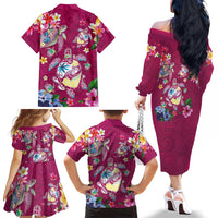 Hawaiian Turtles and Tropical Plants Family Matching Off The Shoulder Long Sleeve Dress and Hawaiian Shirt Pink Watercolor