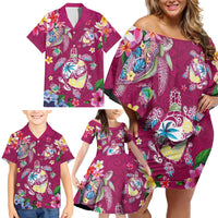 Hawaiian Turtles and Tropical Plants Family Matching Off Shoulder Short Dress and Hawaiian Shirt Pink Watercolor