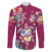 Hawaiian Turtles and Tropical Plants Family Matching Puletasi and Hawaiian Shirt Pink Watercolor