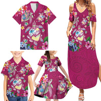 Hawaiian Turtles and Tropical Plants Family Matching Summer Maxi Dress and Hawaiian Shirt Pink Watercolor