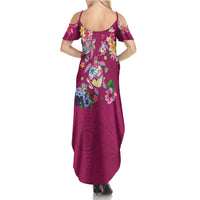 Hawaiian Turtles and Tropical Plants Family Matching Summer Maxi Dress and Hawaiian Shirt Pink Watercolor