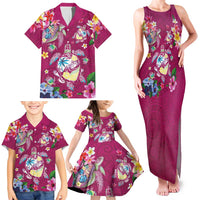 Hawaiian Turtles and Tropical Plants Family Matching Tank Maxi Dress and Hawaiian Shirt Pink Watercolor