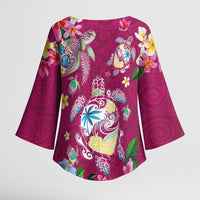 Hawaiian Turtles and Tropical Plants Kimono Sleeve Blouse Pink Watercolor LT03 - Polynesian Pride