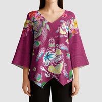 Hawaiian Turtles and Tropical Plants Kimono Sleeve Blouse Pink Watercolor LT03 - Polynesian Pride