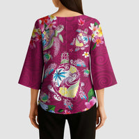 Hawaiian Turtles and Tropical Plants Kimono Sleeve Blouse Pink Watercolor LT03 - Polynesian Pride