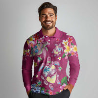 Hawaiian Turtles and Tropical Plants Long Sleeve Polo Shirt Pink Watercolor LT03 - Polynesian Pride