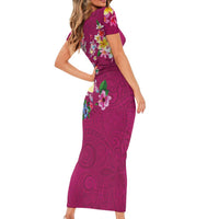 Hawaiian Turtles and Tropical Plants Short Sleeve Bodycon Dress Pink Watercolor LT03 - Polynesian Pride