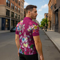 Hawaiian Turtles and Tropical Plants Zipper Polo Shirt Pink Watercolor LT03 - Polynesian Pride