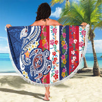 Hawaiian Manta Ray and Turtle Tribal Tattoo Beach Blanket With Hawaii Flag and Flowers LT03 - Polynesian Pride