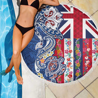 Hawaiian Manta Ray and Turtle Tribal Tattoo Beach Blanket With Hawaii Flag and Flowers LT03 - Polynesian Pride