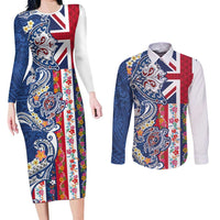 Hawaiian Manta Ray and Turtle Tribal Tattoo Couples Matching Long Sleeve Bodycon Dress and Long Sleeve Button Shirt With Hawaii Flag and Flowers