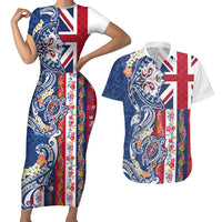 Hawaiian Manta Ray and Turtle Tribal Tattoo Couples Matching Short Sleeve Bodycon Dress and Hawaiian Shirt With Hawaii Flag and Flowers