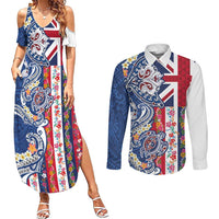 Hawaiian Manta Ray and Turtle Tribal Tattoo Couples Matching Summer Maxi Dress and Long Sleeve Button Shirt With Hawaii Flag and Flowers