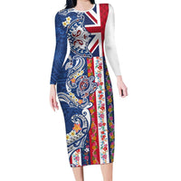 Hawaiian Manta Ray and Turtle Tribal Tattoo Family Matching Long Sleeve Bodycon Dress and Hawaiian Shirt With Hawaii Flag and Flowers