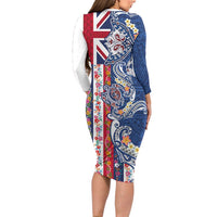 Hawaiian Manta Ray and Turtle Tribal Tattoo Family Matching Long Sleeve Bodycon Dress and Hawaiian Shirt With Hawaii Flag and Flowers