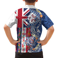 Hawaiian Manta Ray and Turtle Tribal Tattoo Family Matching Off The Shoulder Long Sleeve Dress and Hawaiian Shirt With Hawaii Flag and Flowers