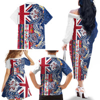 Hawaiian Manta Ray and Turtle Tribal Tattoo Family Matching Off The Shoulder Long Sleeve Dress and Hawaiian Shirt With Hawaii Flag and Flowers