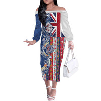 Hawaiian Manta Ray and Turtle Tribal Tattoo Family Matching Off The Shoulder Long Sleeve Dress and Hawaiian Shirt With Hawaii Flag and Flowers
