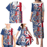 Hawaiian Manta Ray and Turtle Tribal Tattoo Family Matching Puletasi and Hawaiian Shirt With Hawaii Flag and Flowers