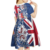 Hawaiian Manta Ray and Turtle Tribal Tattoo Kid Short Sleeve Dress With Hawaii Flag and Flowers
