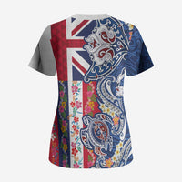 Hawaiian Manta Ray and Turtle Tribal Tattoo Scrub Top With Hawaii Flag and Flowers LT03 - Polynesian Pride