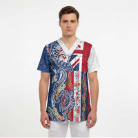 Hawaiian Manta Ray and Turtle Tribal Tattoo Scrub Top With Hawaii Flag and Flowers LT03 - Polynesian Pride