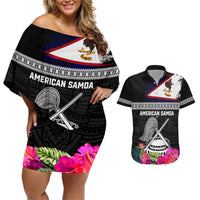 Personalized American Samoa Flag Day Couples Matching Off Shoulder Short Dress and Hawaiian Shirt Tanoa and Fue mix Hibiscus Flower Polynesian Pattern