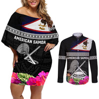 Personalized American Samoa Flag Day Couples Matching Off Shoulder Short Dress and Long Sleeve Button Shirt Tanoa and Fue mix Hibiscus Flower Polynesian Pattern LT03 Black - Polynesian Pride