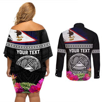 Personalized American Samoa Flag Day Couples Matching Off Shoulder Short Dress and Long Sleeve Button Shirt Tanoa and Fue mix Hibiscus Flower Polynesian Pattern LT03 - Polynesian Pride