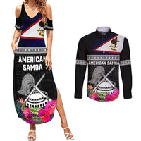 Personalized American Samoa Flag Day Couples Matching Summer Maxi Dress and Long Sleeve Button Shirt Tanoa and Fue mix Hibiscus Flower Polynesian Pattern LT03 Black - Polynesian Pride