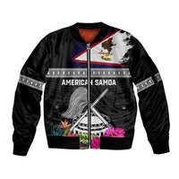 Personalized American Samoa Flag Day Sleeve Zip Bomber Jacket Tanoa and Fue mix Hibiscus Flower Polynesian Pattern LT03 Unisex Black - Polynesian Pride