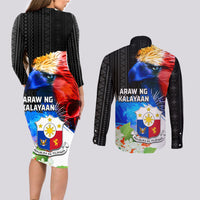 Philippines Independence Day Couples Matching Long Sleeve Bodycon Dress and Long Sleeve Button Shirt Philippines Eagle and Sampaguita Jasmine Yakan Tribal
