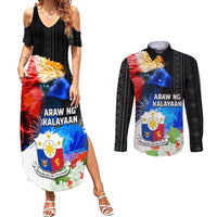 Philippines Independence Day Couples Matching Summer Maxi Dress and Long Sleeve Button Shirt Philippines Eagle and Sampaguita Jasmine Yakan Tribal LT03 Black - Polynesian Pride