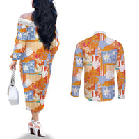 Hawaiian and Japanese Culture Together Couples Matching Off The Shoulder Long Sleeve Dress and Long Sleeve Button Shirt Palaka Japanese Art and Tropical Motif Tribal Patchwork