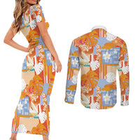 Hawaiian and Japanese Culture Together Couples Matching Short Sleeve Bodycon Dress and Long Sleeve Button Shirt Palaka Japanese Art and Tropical Motif Tribal Patchwork