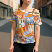 Hawaiian and Japanese Culture Together Cross Shoulder Shirt Palaka Japanese Art and Tropical Motif Tribal Patchwork