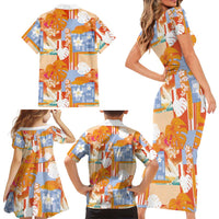 Hawaiian and Japanese Culture Together Family Matching Short Sleeve Bodycon Dress and Hawaiian Shirt Palaka Japanese Art and Tropical Motif Tribal Patchwork