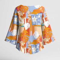 Hawaiian and Japanese Culture Together Kimono Sleeve Blouse Palaka Japanese Art and Tropical Motif Tribal Patchwork