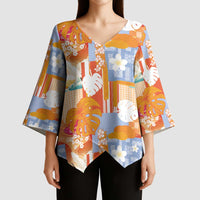 Hawaiian and Japanese Culture Together Kimono Sleeve Blouse Palaka Japanese Art and Tropical Motif Tribal Patchwork