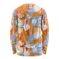 Hawaiian and Japanese Culture Together Long Sleeve Shirt Palaka Japanese Art and Tropical Motif Tribal Patchwork