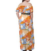 Hawaiian and Japanese Culture Together Off Shoulder Maxi Dress Palaka Japanese Art and Tropical Motif Tribal Patchwork