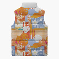 Hawaiian and Japanese Culture Together Sleeveless Puffer Jacket Palaka Japanese Art and Tropical Motif Tribal Patchwork