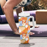 Hawaiian and Japanese Culture Together Tumbler With Handle Palaka Japanese Art and Tropical Motif Tribal Patchwork