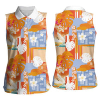 Hawaiian and Japanese Culture Together Women Sleeveless Polo Shirt Palaka Japanese Art and Tropical Motif Tribal Patchwork