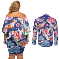 Hawaiian and Japanese Culture Together Couples Matching Off Shoulder Short Dress and Long Sleeve Button Shirt Hawaiian Archipelago Shape Sea Animals